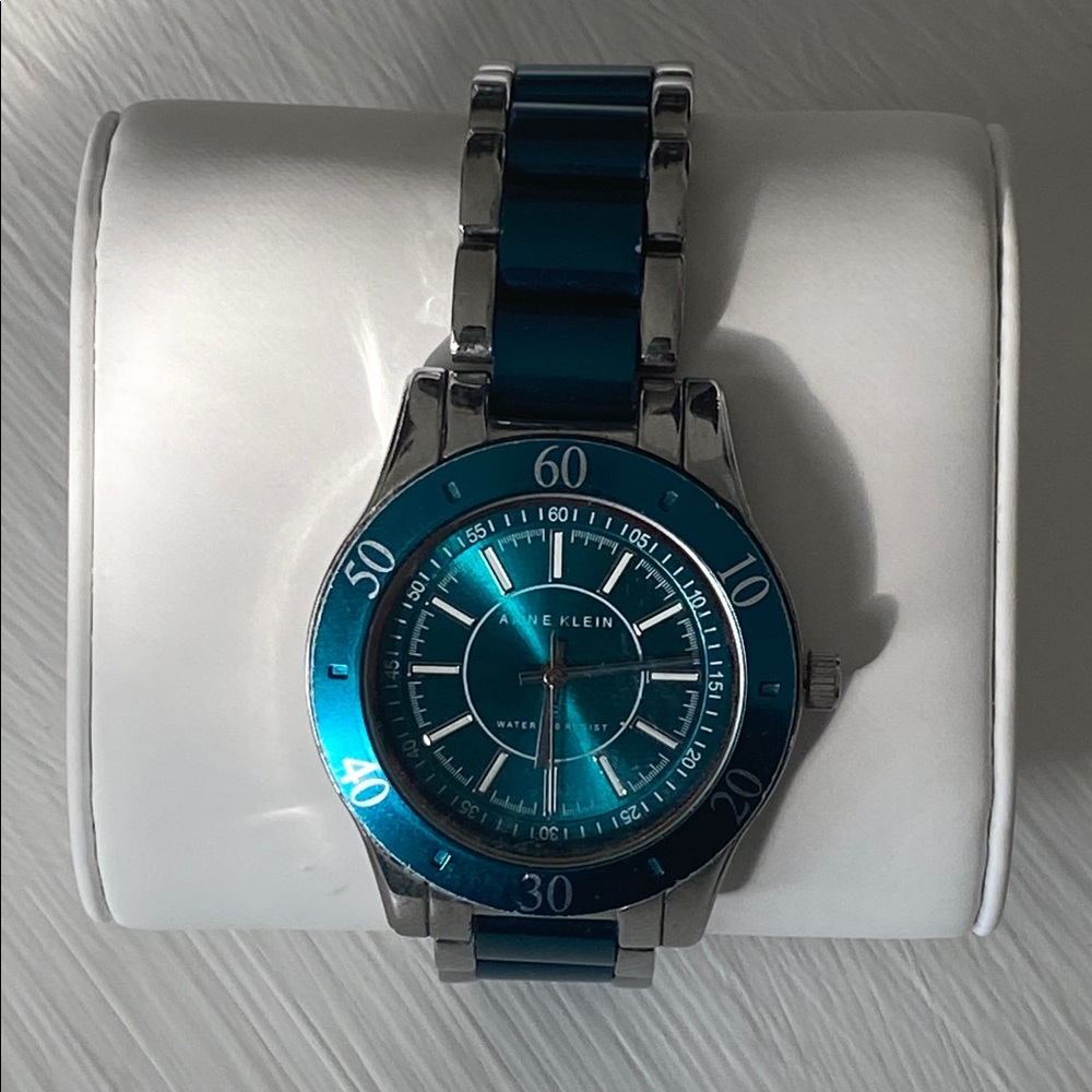 Anne Klein Teal Blue Dial & Enamel Link Silver Tone Sport Bracelet Watch - Picture 9 of 16